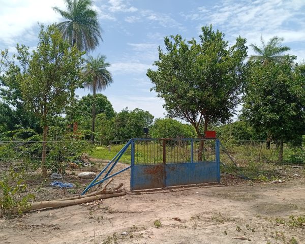 Barancole : le portail d'entrée du jardin. Grillage et portail protègent les cultures contre les animaux.